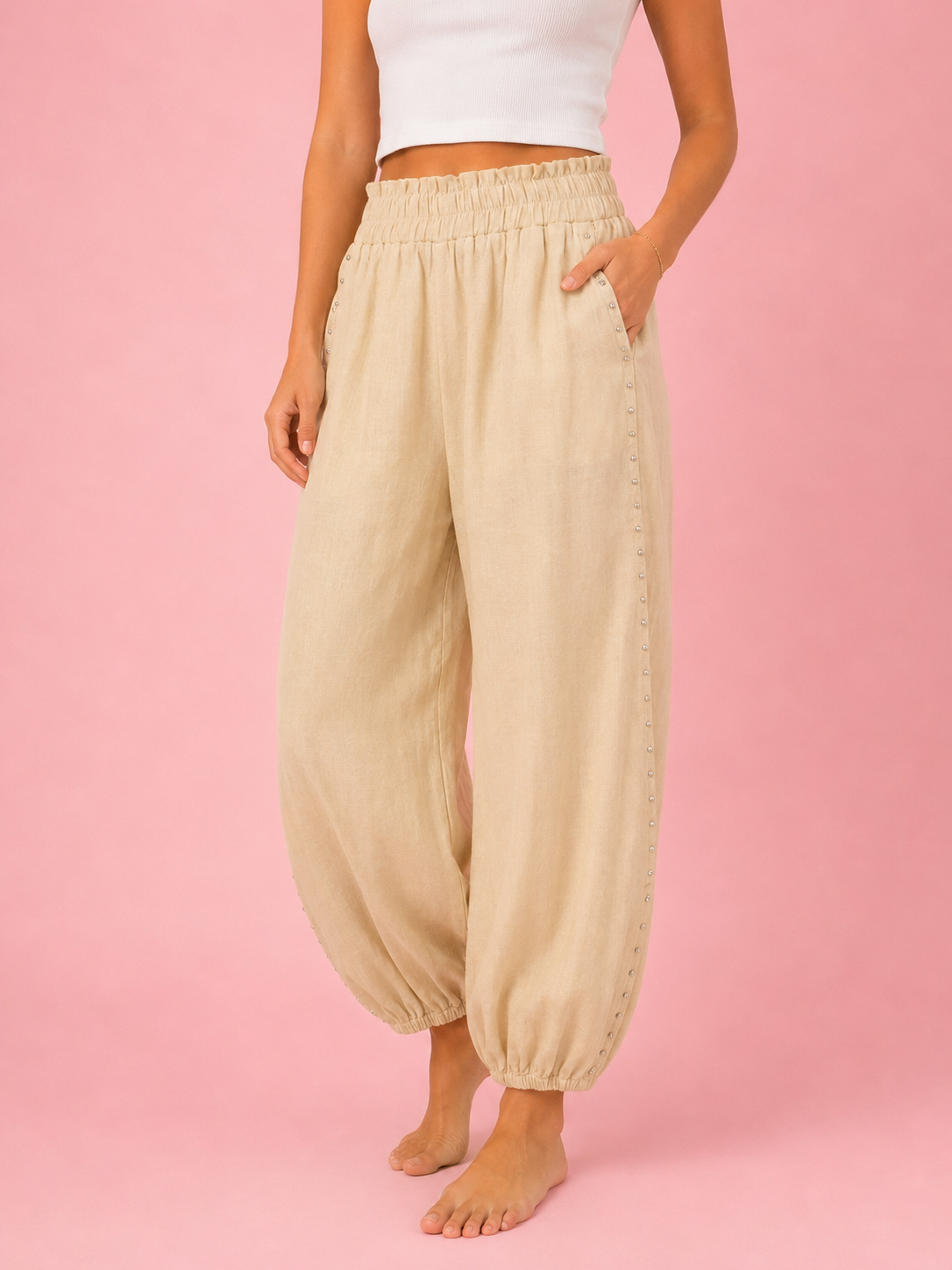 PANTALON BOMBACHO TACHAS BEIGE MANTEQUILLA
