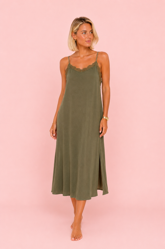 VESTIDO LENCERO VERDE KAKI