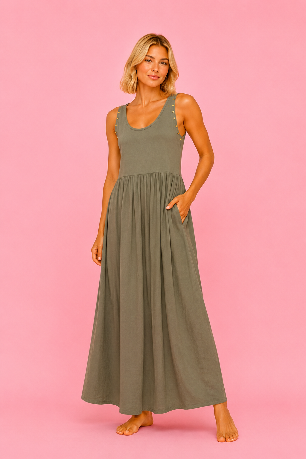 VESTIDO TACHAS VERDE KAKI